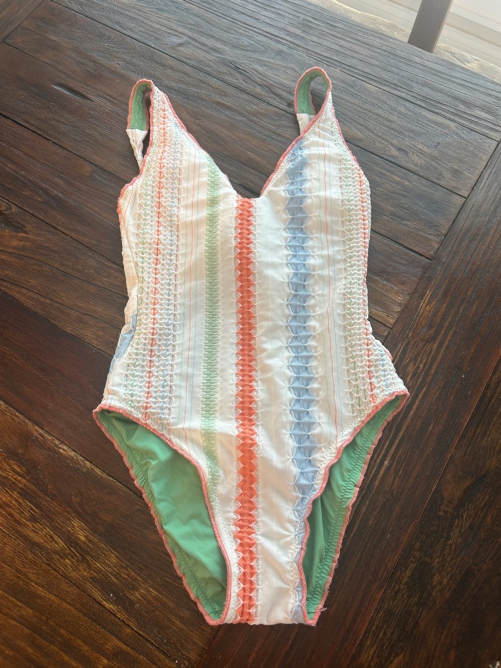 BECCA Coral, Mint & Sky Striped Smocked Swimsuit